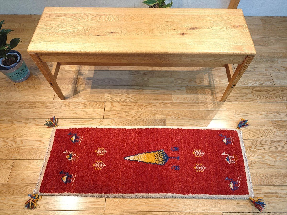 ペルシャ ギャッベ ミニランナー ラグ 115x40㎝ 茜色 ベージュ