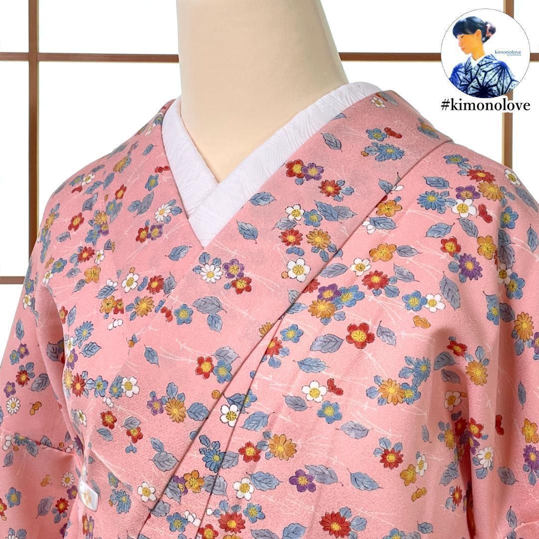 小紋着物 袷 正絹 小花 松葉柄 桃色 着物 kimonolove 新古品 オゾン消臭サービス A-2047