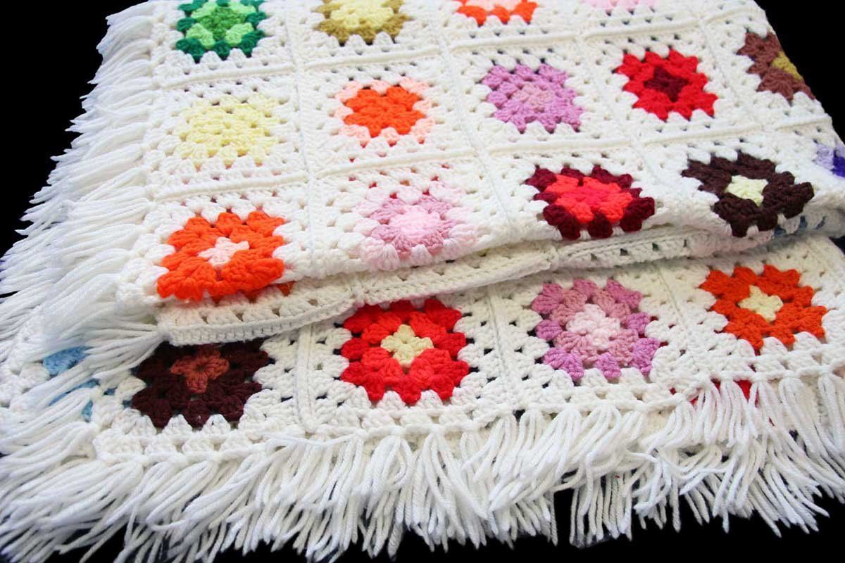 古着 ビンテージ 80s All ホワイト グラニー ブランケット ラグ 敷物 ビンテージ○かぎ針編みブランケットsize約166cm×約141cm○231121c8