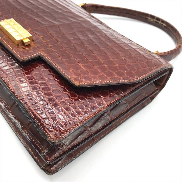 良品 HERMES エルメス ヴィンテージ クロコダイル ポロサス ハンド バッグ ブラウン ゴールド k1655 ヴィンテージ エルメス ハンドバッグ ピアノ