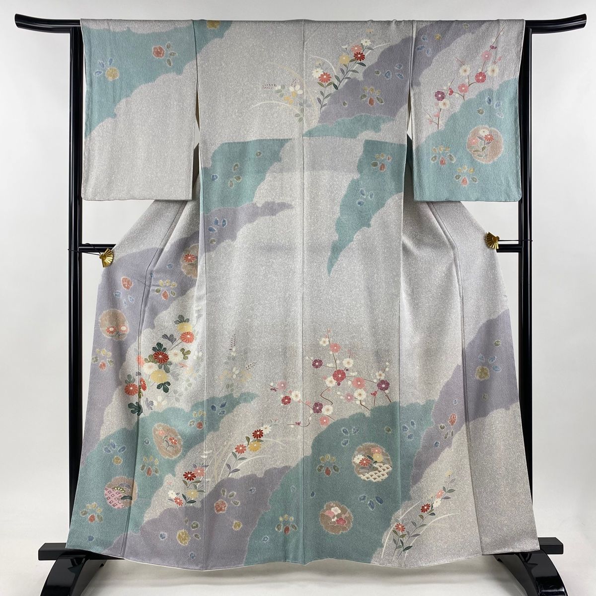 訪問着 身丈150.5cm 裄丈63cm S 袷 雪輪 草花 灰白 正絹 名品