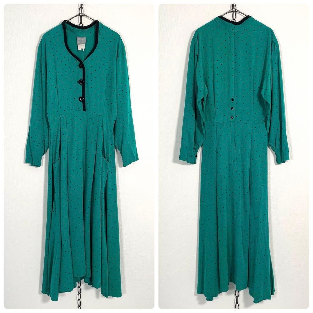 80sヴィンテージ ドット レトロプリーツワンピース TALONジップ グリーン系