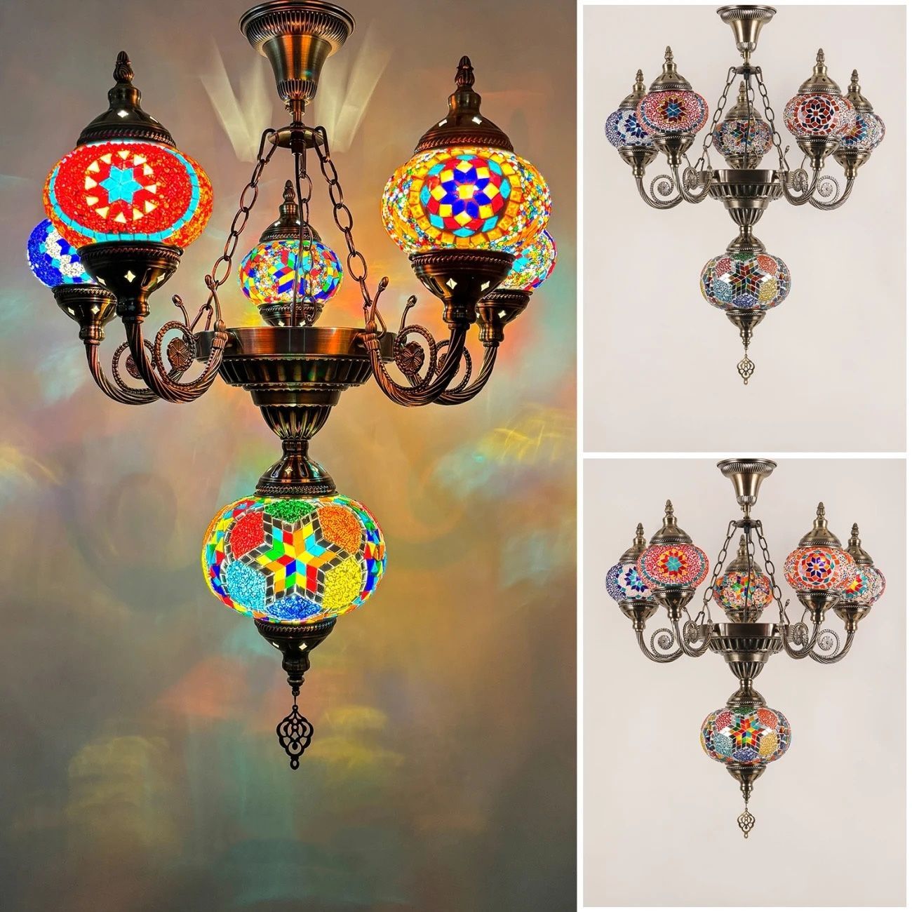引掛けシーリング用 トルコランプ　職人手作り　カラーガラス　吊り下げ、飾り6灯式 引掛けシーリング用 トルコランプ 職人手作り カラーガラス 吊り