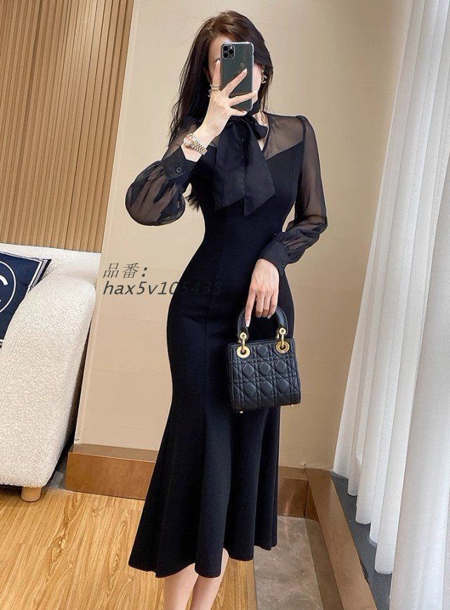 パーティードレス 結婚式 お呼ばれドレス マーメイドワンピース ワンピースドレス 膝丈 ドレス 30代 袖あり 20代 タイト 黒 40代 長袖 3L 大きいサイズ シアー hax5v105433 MAAHADDERANG_COM