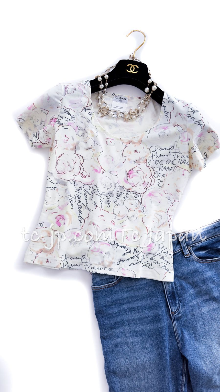 シャネル Tシャツ トップス CHANEL アイボリー 系 カメリア柄