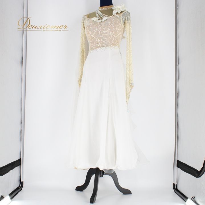 新品】社交ダンススタンダードドレス【ホワイト⁄ワルツ】着丈約120⁄M