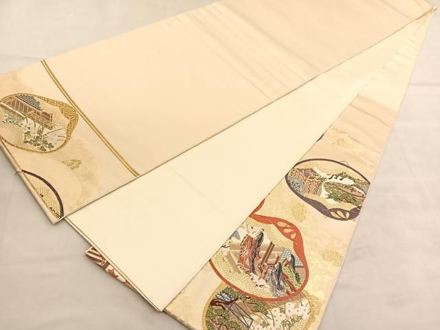 平和屋着物◎太鼓柄 本袋帯 唐織 貝合わせ人物風景文 金糸 引箔