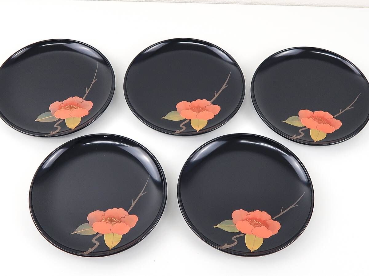未使用美品！会津塗り？ 木乾漆 銘々皿 五客揃 紅山茶花 直径さ