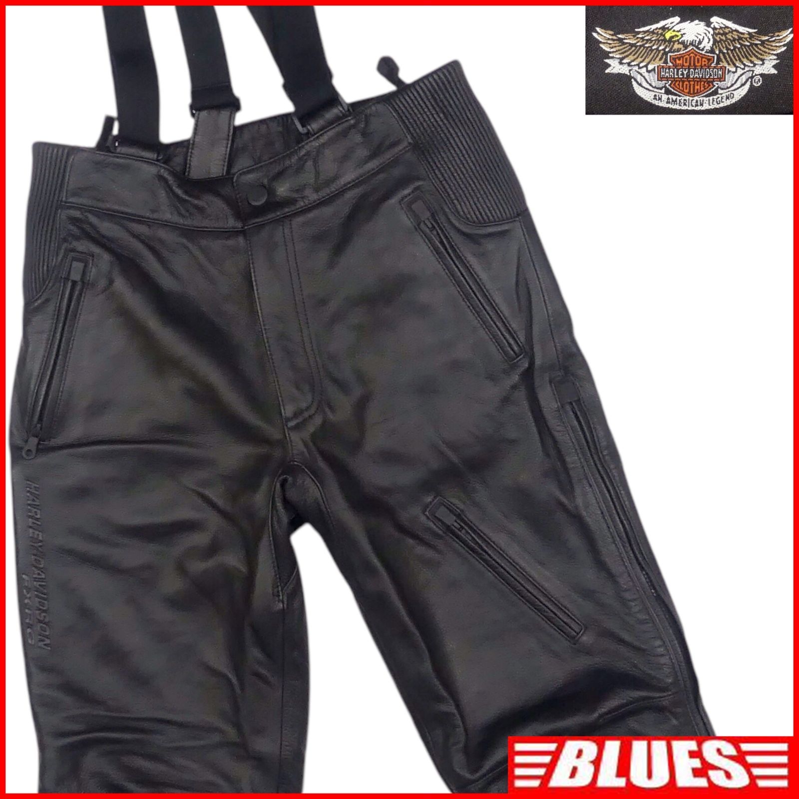 HARLEY-DAVIDSON FXRG ハーレーダビッドソン ライディングパンツ W30 レザーパンツ サスペンダー メンズ 黒 本革 バイク 革パンツ バイカー ライディングパンツウエスト78cmから82cm一覧←SEULB屋着古← HS56