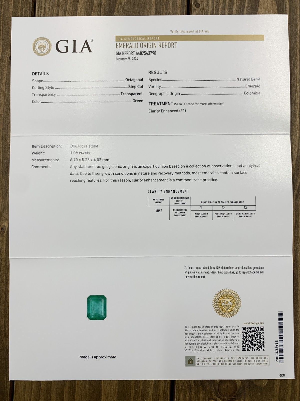 GIA宝石鑑別書付き 天然 エメラルド コロンビア産 Colombia 1.08ct 縦6.70㎜×横5.33㎜×高さ4.02㎜ ルース 裸石 1162Y
