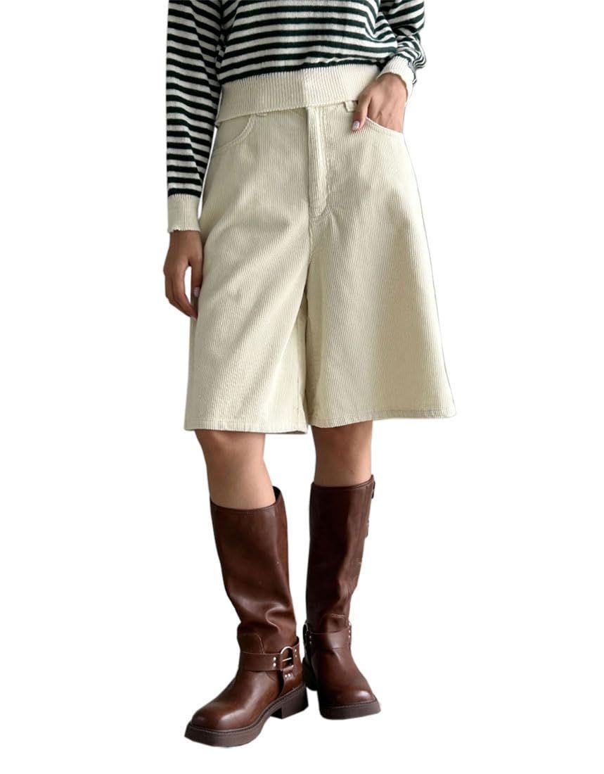 Size M_Color アイボリー コーデュロイハーフパンツ五分丈 バミューダパンツ ひざ丈 ショートパンツ 秋冬パンツ ワイド ゆったり レディース JP アルファベット M アイボリー