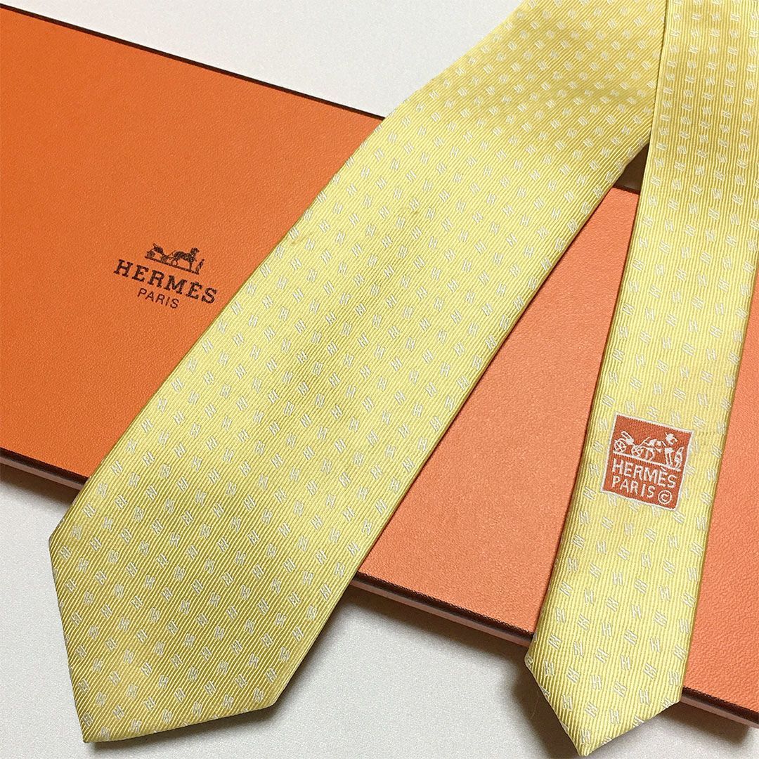 美品 エルメス HERMES ネクタイ シルク100% イエロー H柄 2510-102