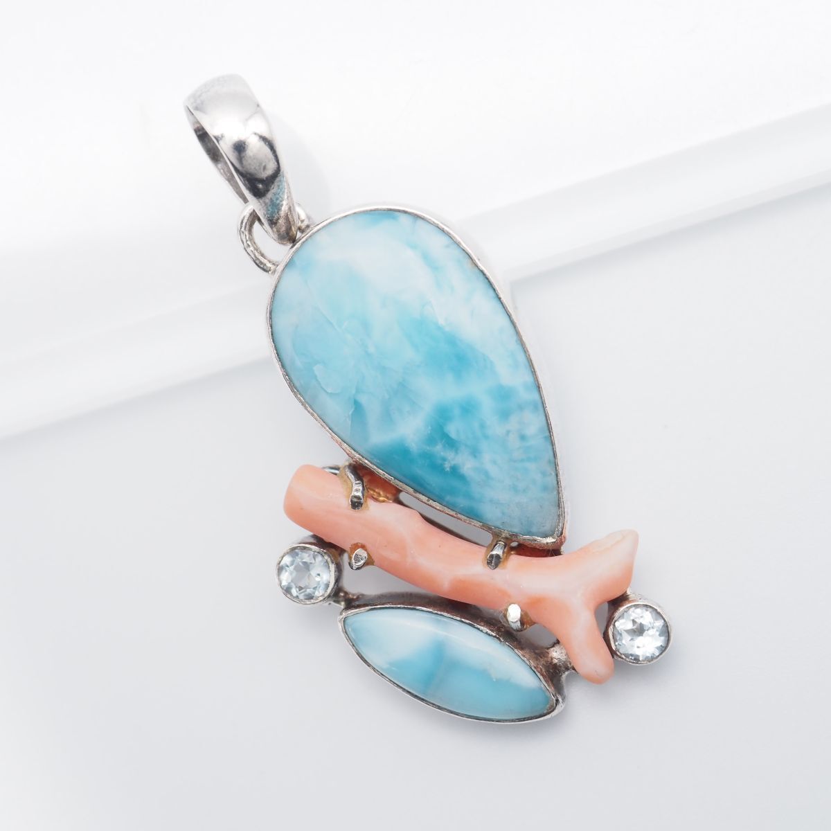 G924 ラリマー 珊瑚 サンゴ ダイヤモンド風 925刻印 ペンダント トップ デザイン シルバー チャーム ヘッド 3月誕生石