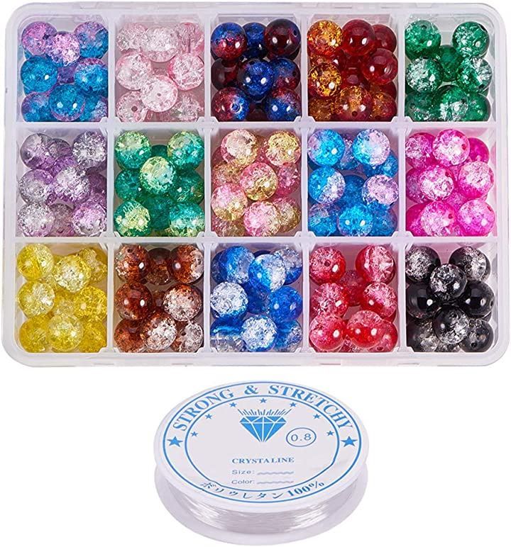 PH PandaHall Elite 約195個/箱 ガラスビーズ 10mm 15色 ラウンドビーズ クラックビーズ( 混合色)