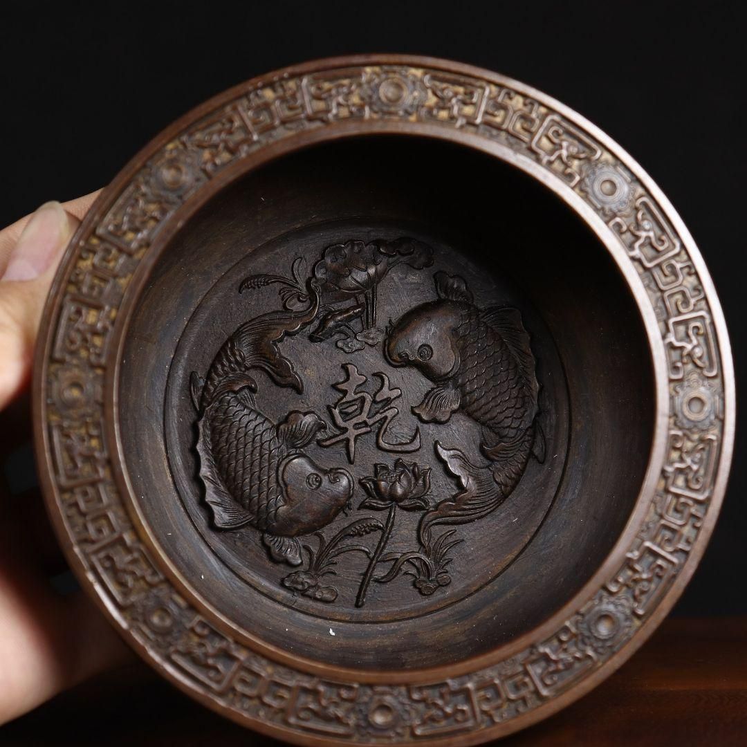 銅 細工 彫刻 乾坤聚宝盆 福禄寿喜 双魚紋飾 工芸品 美術品 置物 銅 細工 彫刻 乾坤聚宝盆 福禄寿喜 双魚紋飾 工芸品 美術品 置物