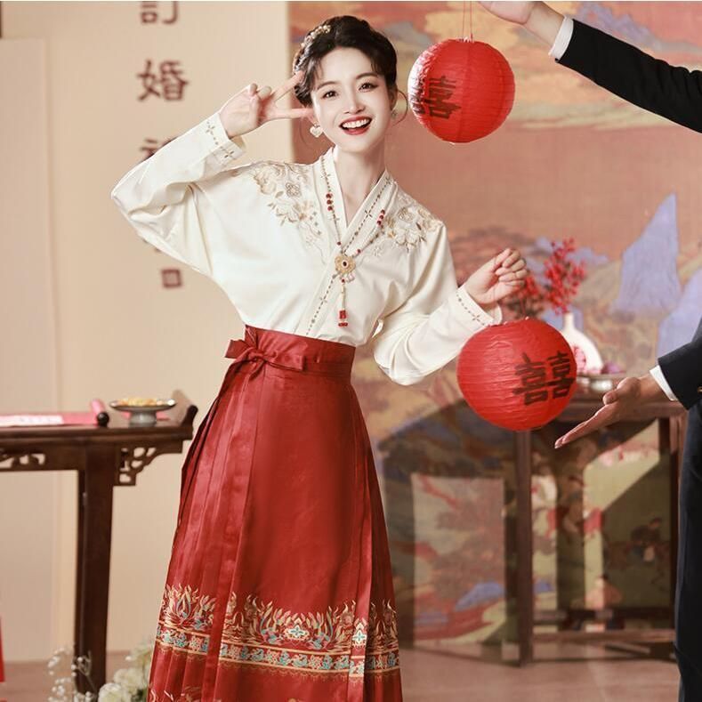 漢服 中華古代服 フ スカート プリーツスカート 花柄ロングスカート 上下セット 唐装 古典美人服 舞台衣装 ステージ衣装 中華服 チャイ