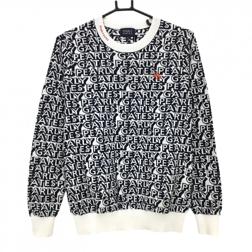超 パーリーゲイツ セーター 白×ネイビー ロゴ総柄 コットン100％ レディース 1 M ゴルフウェア PEARLY GATES