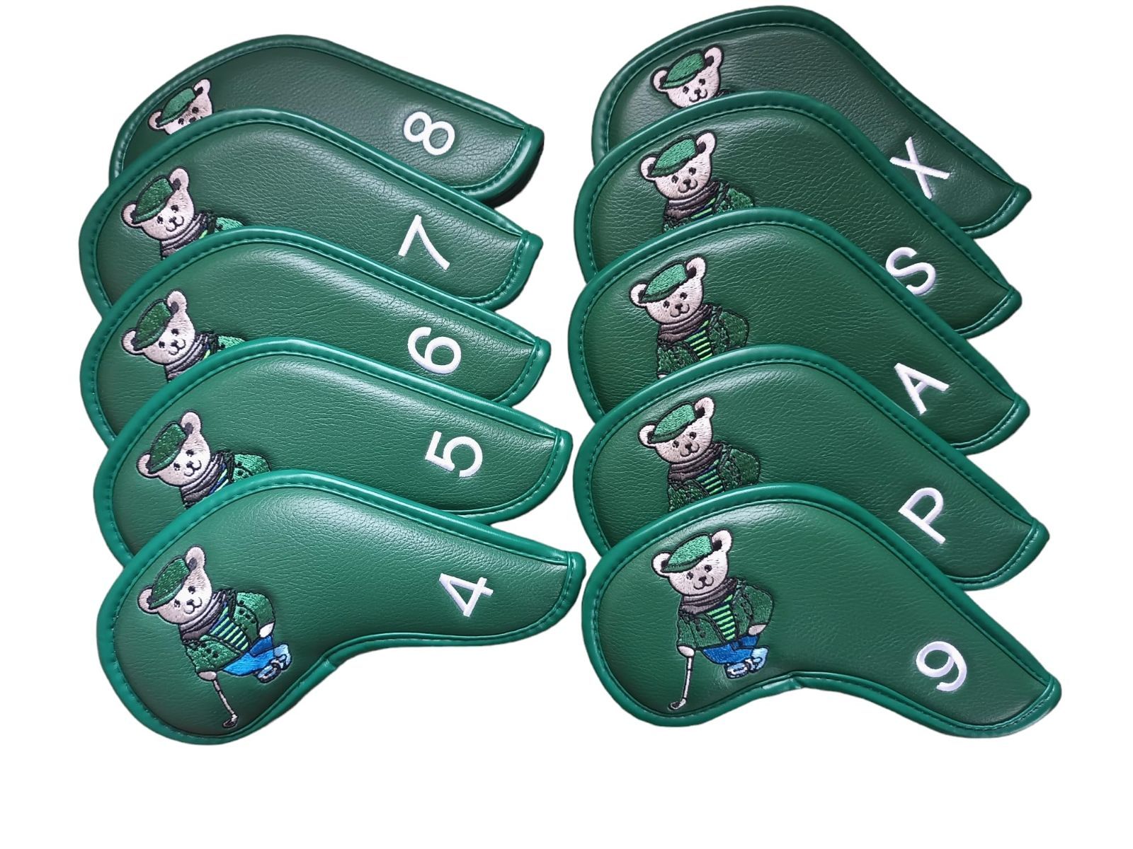 Color グリーン ゴルフクラブヘッドカバー10点セット アイアン用 熊刺?柄