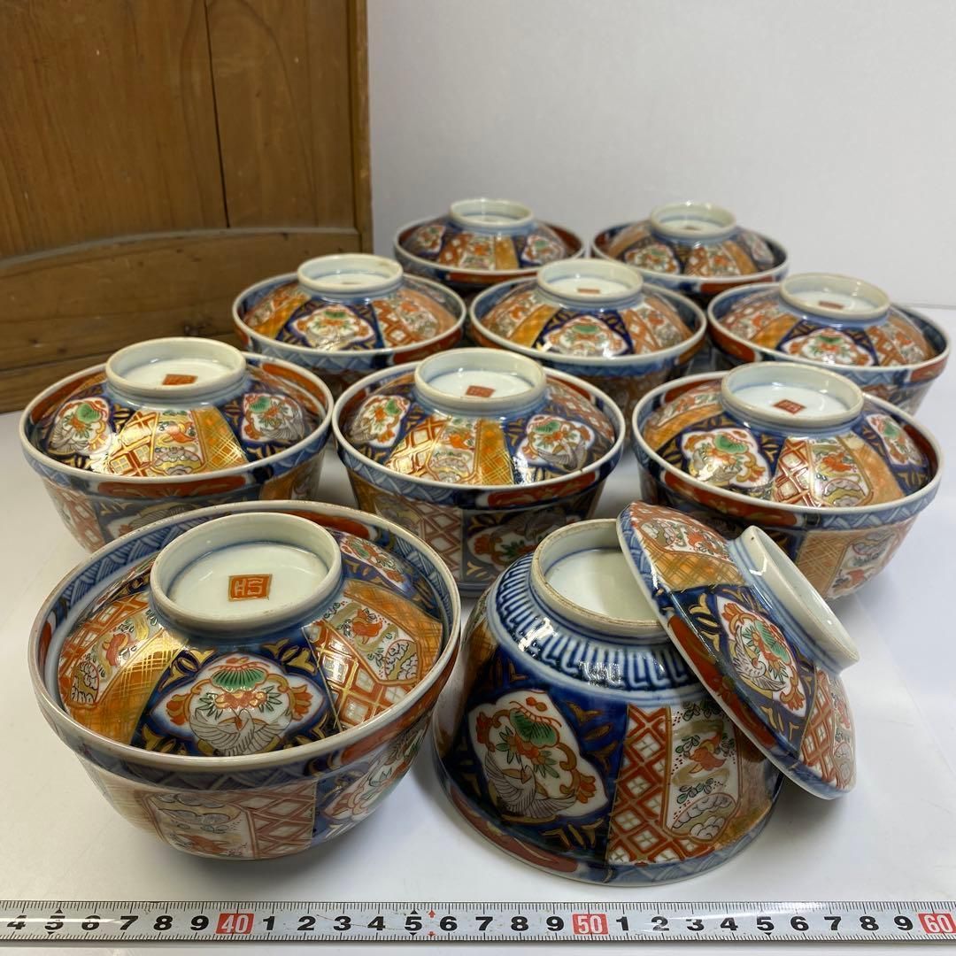 古伊万里 染錦蓋茶碗10客木 身直径11.8㎝ 東Y6-0719