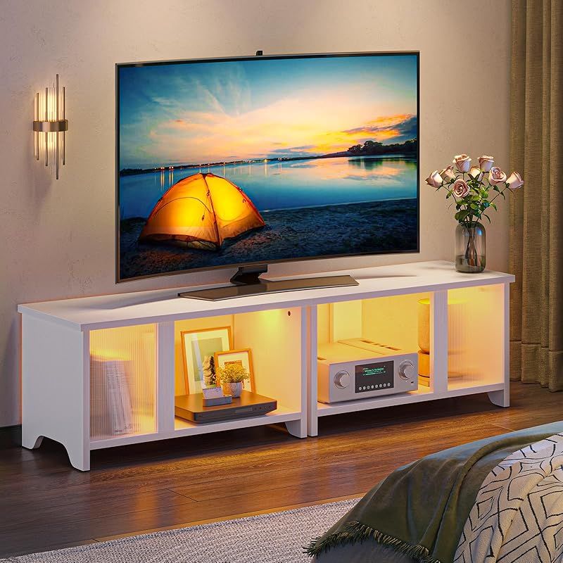 Pinmoco テレビ台 140幅テレビボード 32 40 50 55型対応tv台 木目調テレビラック 白 大容量収納棚 LEDライト ローボード 木製 異素材 モダン 組み立て簡単 140×35×55.12cm ホワイト 0 MARWIL-DEMENAGEMENTS_CH