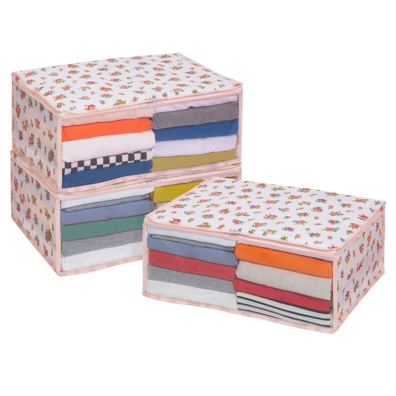 【数量限定】衣装ケース 収納袋 収納ボックス 不織布 中身が見える 3個組 折りたたみ プチローズ柄 小花柄 ホワイト 透明窓付き 衣類用 183-36 収納ケース 約幅48×奥行35×高さ20cm アストロ