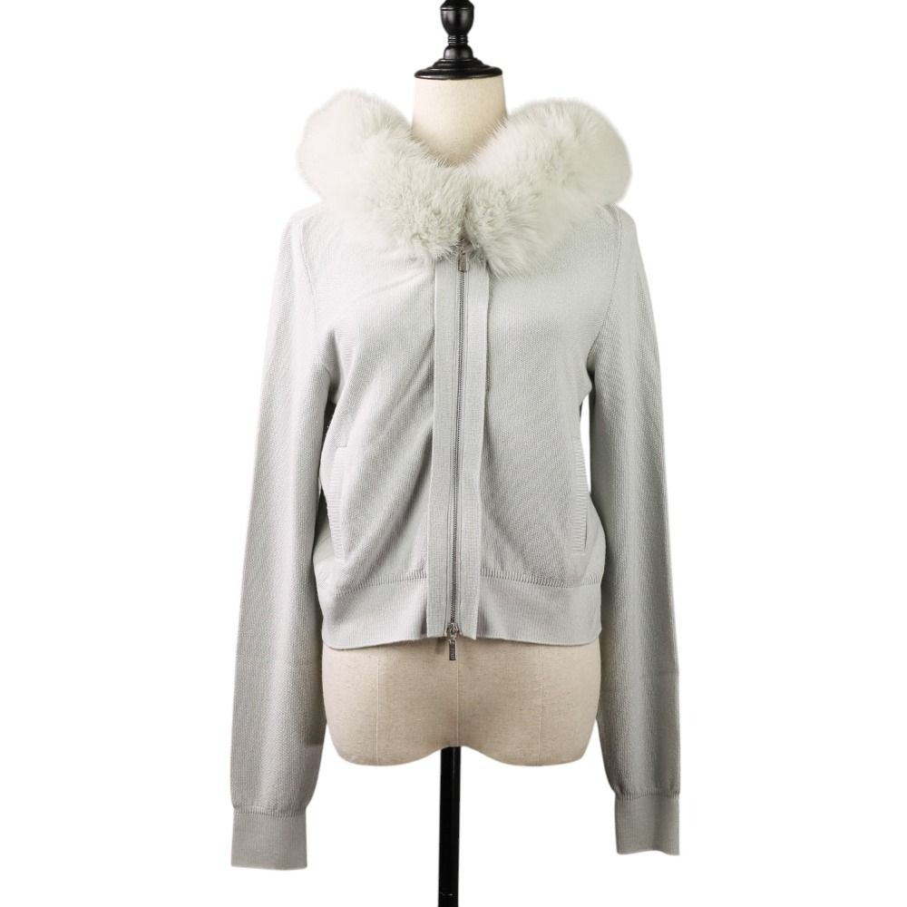 美品 21AW FOXEY フォクシー フォックスファー シルクブレンド 長袖 ニットパーカー 42196 38 ライトグレー レディース 古着 中古 美品 21AW FOXEY フォクシー フォックスファー シルクブレンド