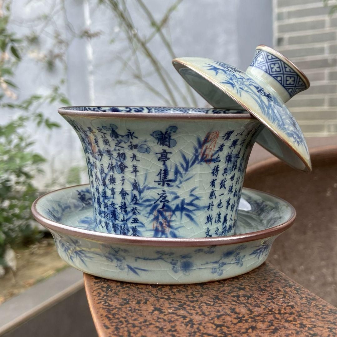 中国茶器 陶泥蘭亭集序三才蓋碗 陶磁茶碗 煎茶器 新品未使用 中国茶器 陶泥蘭亭集序三才蓋碗 陶磁茶碗 煎茶器 新品未使用