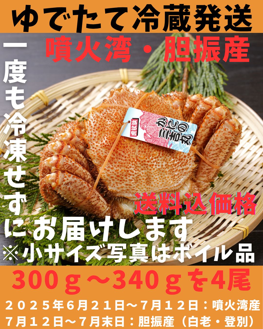 ゆでたて冷蔵便ボイル毛ガニ 4尾 300ｇ～340ｇ活時計量 噴火湾 胆振