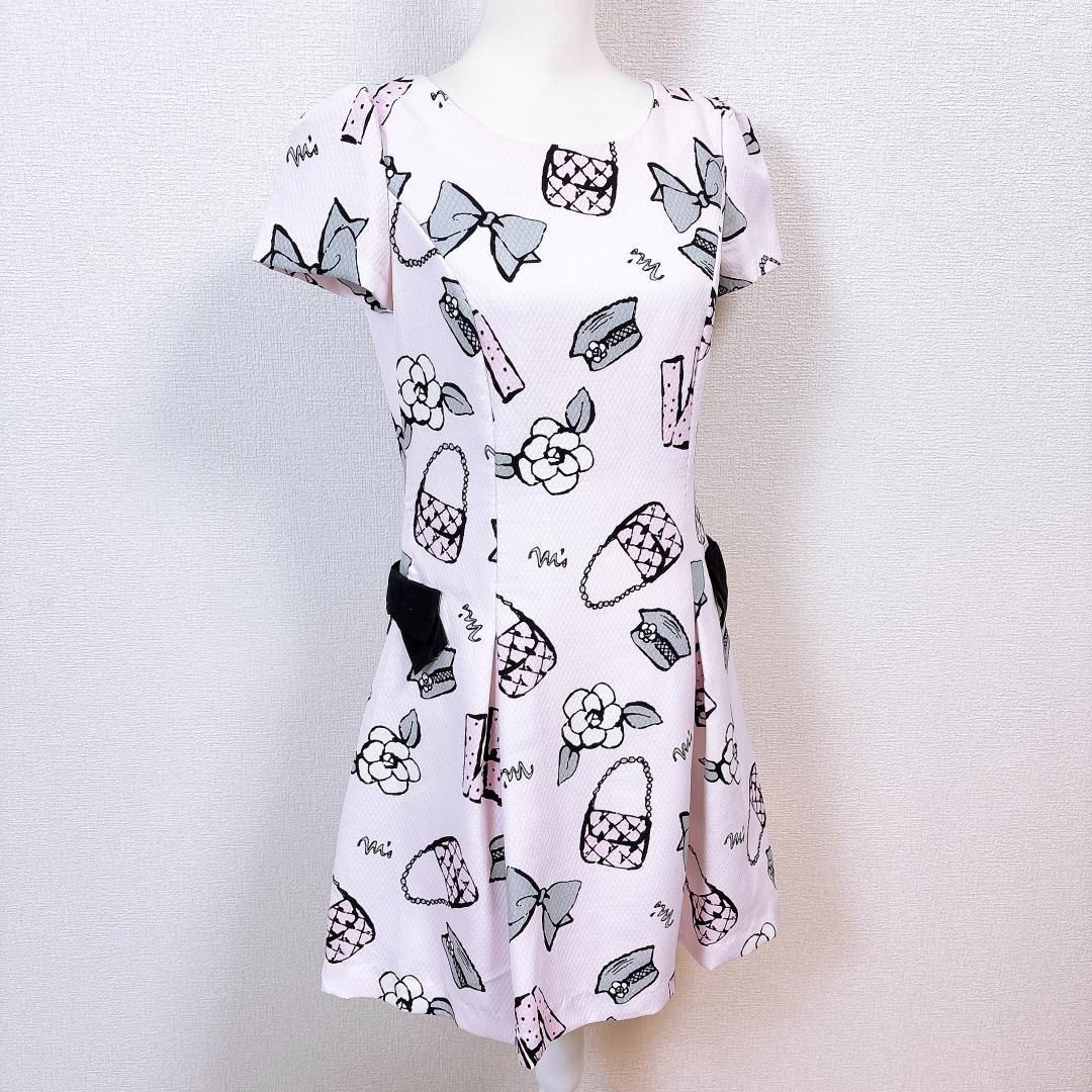 M sGRACY 半袖ワンピース 40 リボン 花柄 薄ピンク Aライン