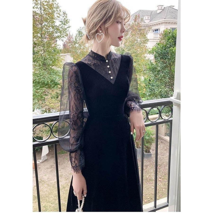 おしゃれロング ドレス パーティードレス 個性的 黒 袖あり 長袖 レース おしゃれ 結婚式 二次会 お呼ばれ フォーマル 演奏会 発表会 大人 かっこいい