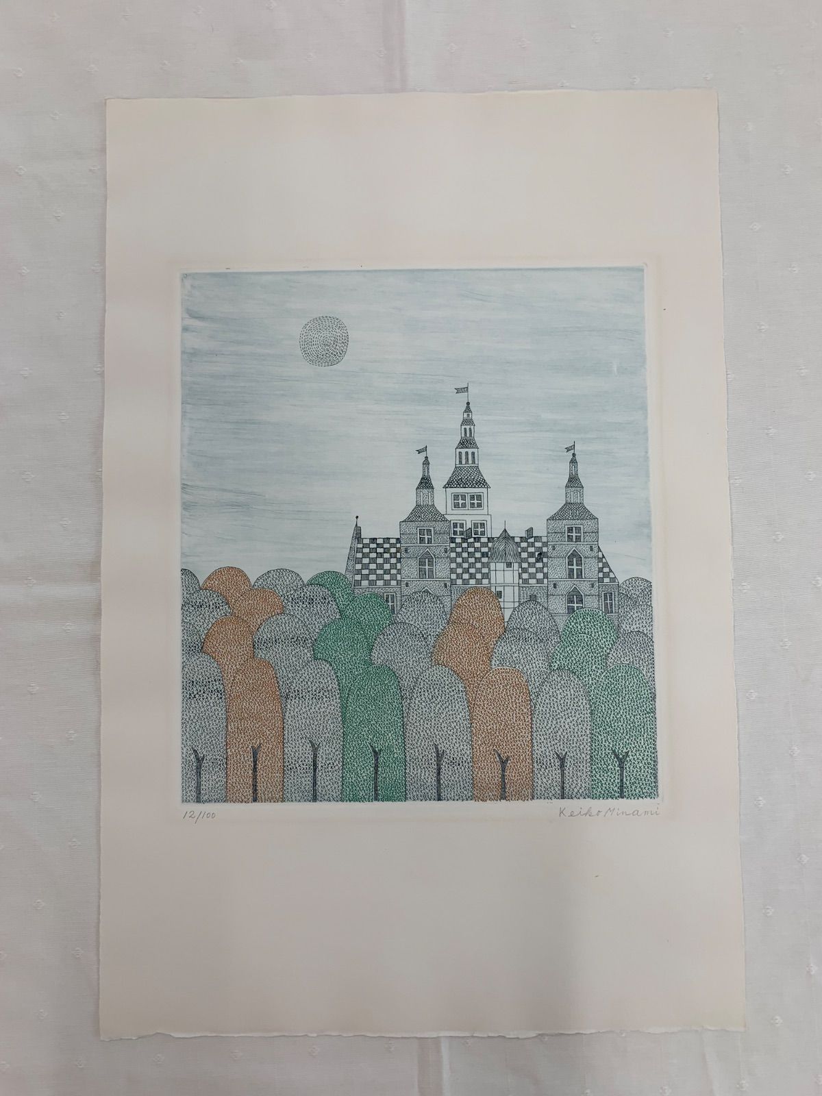 シートのみ 真作 月と城 南桂子 Minami Keiko エッチング サンドペーパー 作家直筆サイン 版画 版画