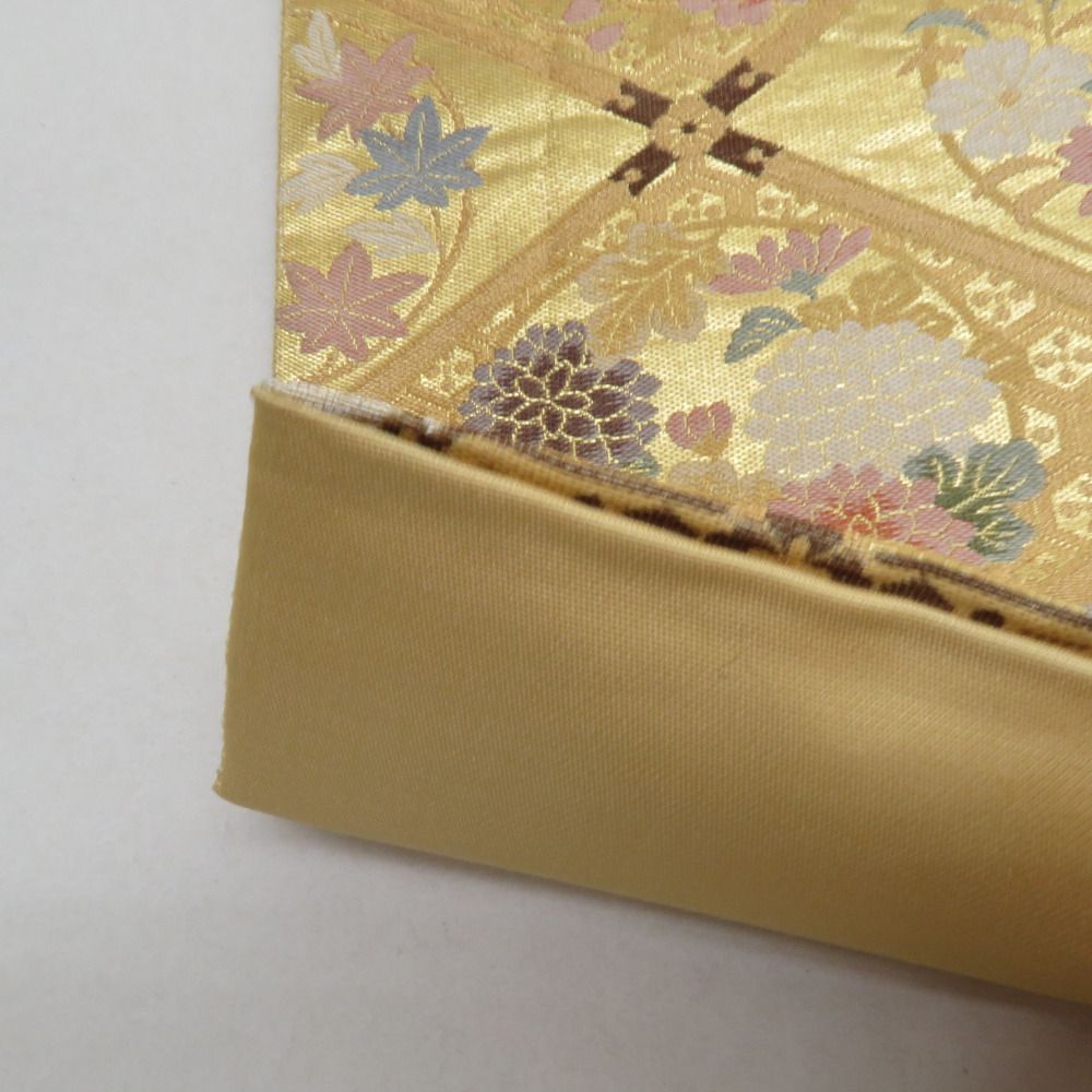 袋帯 正絹 金糸 華紋に鳥文様 緑色x金色x紫色 六通柄 フォーマル