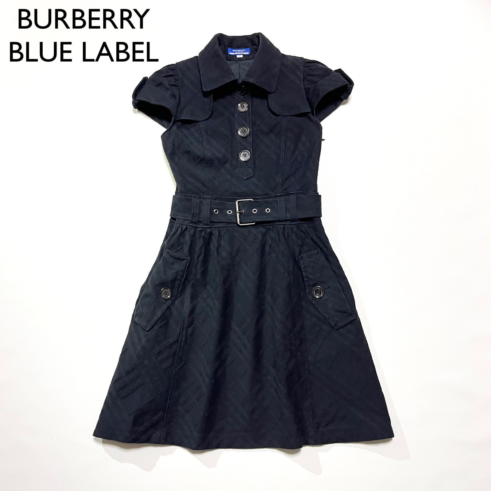 手数料安い LABEL BLUE BURBERRY cE98 黒チェック ベルト 半袖ワンピース トップス
