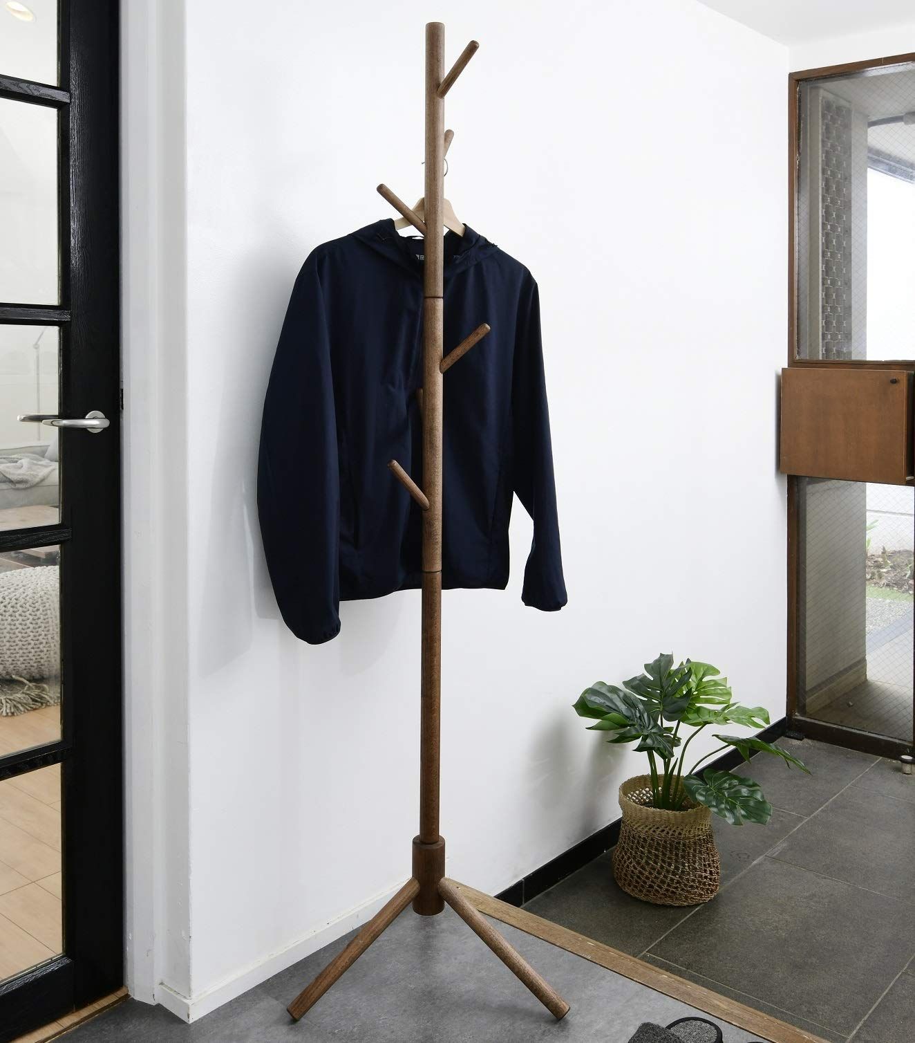 【数量限定】玄関収納 幅45×奥行40×高さ124.5/174.5cm コートハンガー 衣類収納 高さ調節可能 (木製) 組立品 ポールハンガー ダークブラウン [山善] STPH-6(DBR)