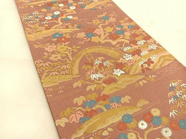 平和屋着物◎六通柄袋帯 唐織 松竹梅 渡り橋草花文 金銀糸 正絹