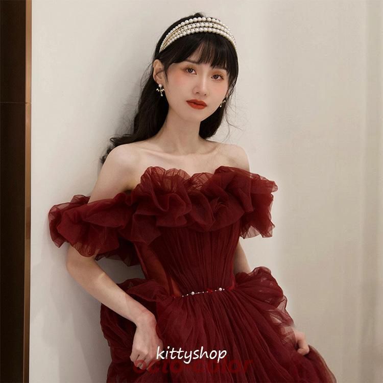 結婚式ドレス 二次会ドレス ワイン赤 イブニングドレス オフショルダー チュール ドレス 発表会ドレス パーティードレス Aライン ロングドレス ワインレッド