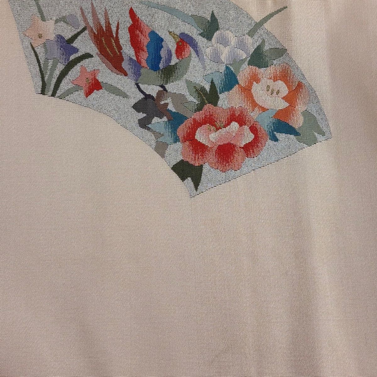 B 絽綴れ 紅葉と松葉模様 銀糸 ベージュ 薄物 夏用 紗 松葉仕立て名古屋帯 名古屋帯 秀品 八寸名古屋帯 松葉仕立て 扇面 花鳥 金銀糸