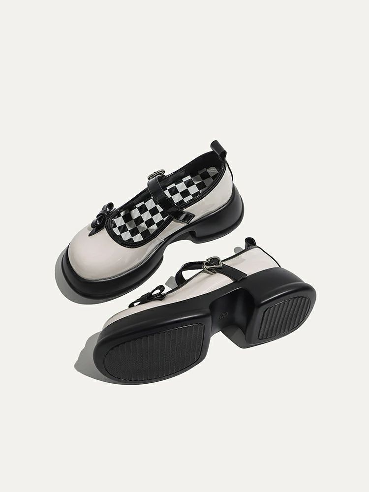 【セール】ストラップ パンプス 太ヒール 厚底 PUレザーメリージェーン靴 リボン 黒白 可愛い きれいめ 厚底靴 レディース 学生 卒業 発表会 女性用 個別調節