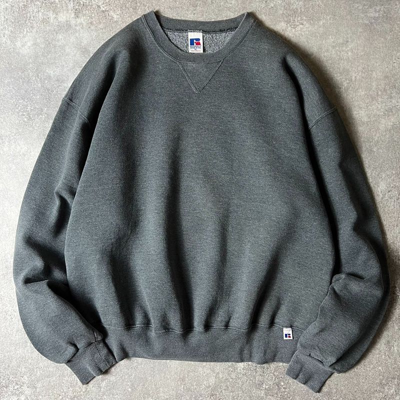 90s RUSSELL 無地 前V スウェット トレーナー XL / 90年代 オールド ラッセル 裏起毛 ダーク グレー スエット