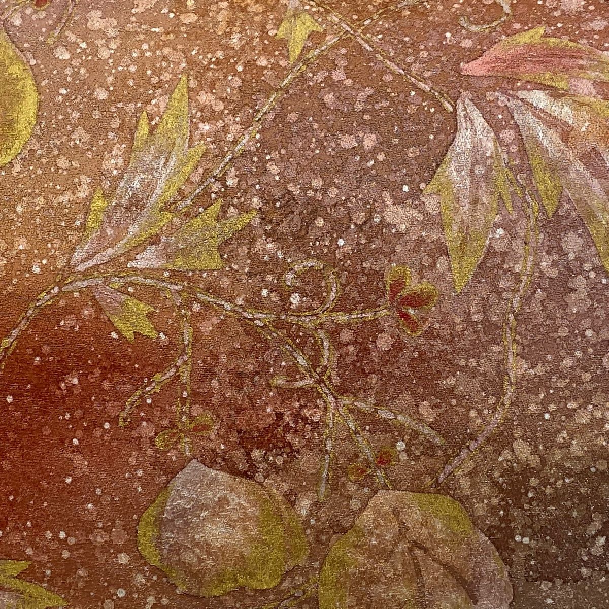 袋帯 秀品 草花 銀糸 金彩 赤茶 お太鼓柄 正絹