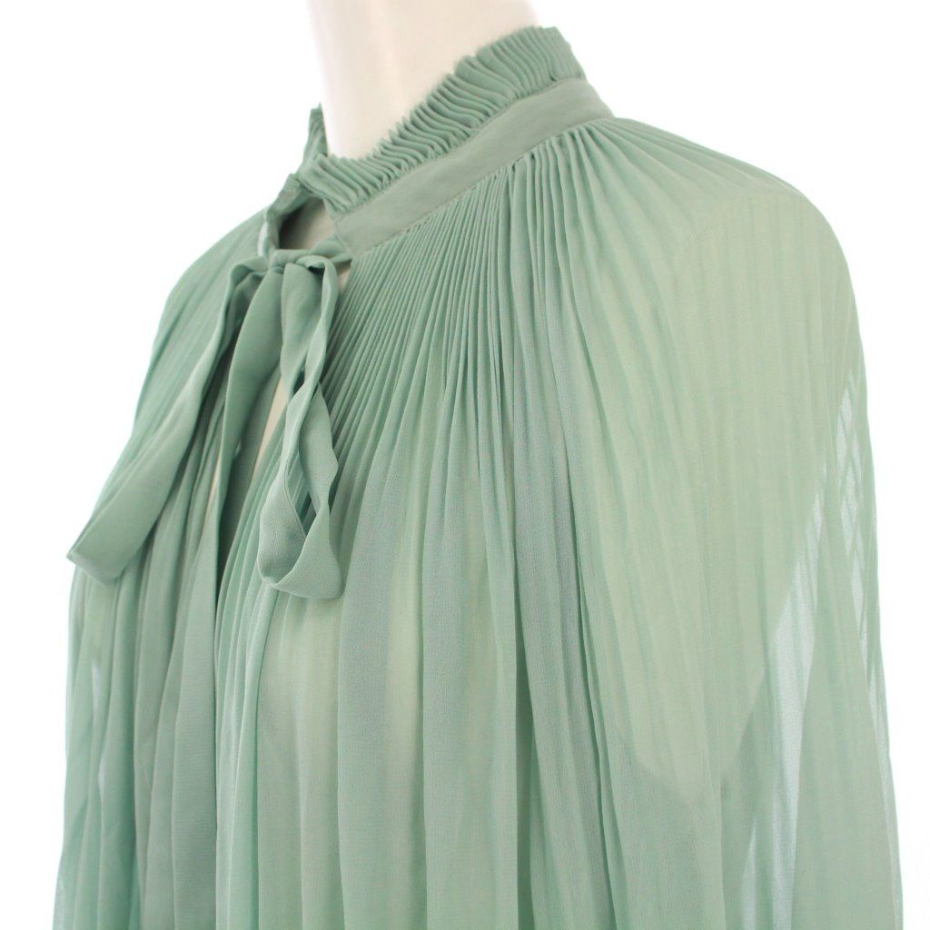 L'UNE ボウタイブラウス長袖グリーンプリーツ