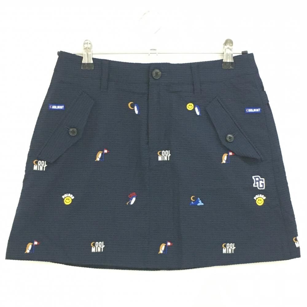 【超美品】パーリーゲイツ スカート ネイビー×白 ペンギン刺しゅう柄 サッカー生地 30周年 レディース 1(M) ゴルフウェア PEARLY GATES