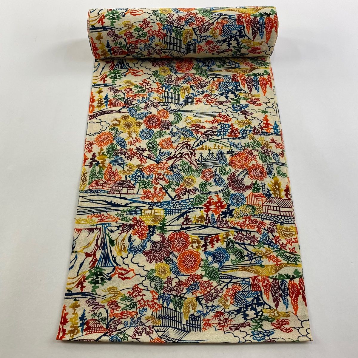 反物 秀品 小紋 草花 建物 縮緬 ベージュ 正絹