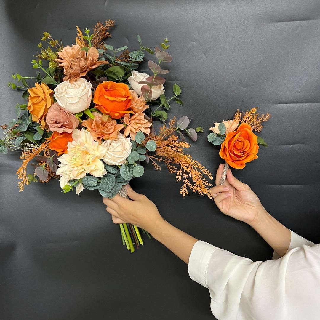2点セット ウェディングブーケ高級花 秋冬 オレンジ花アーティ  