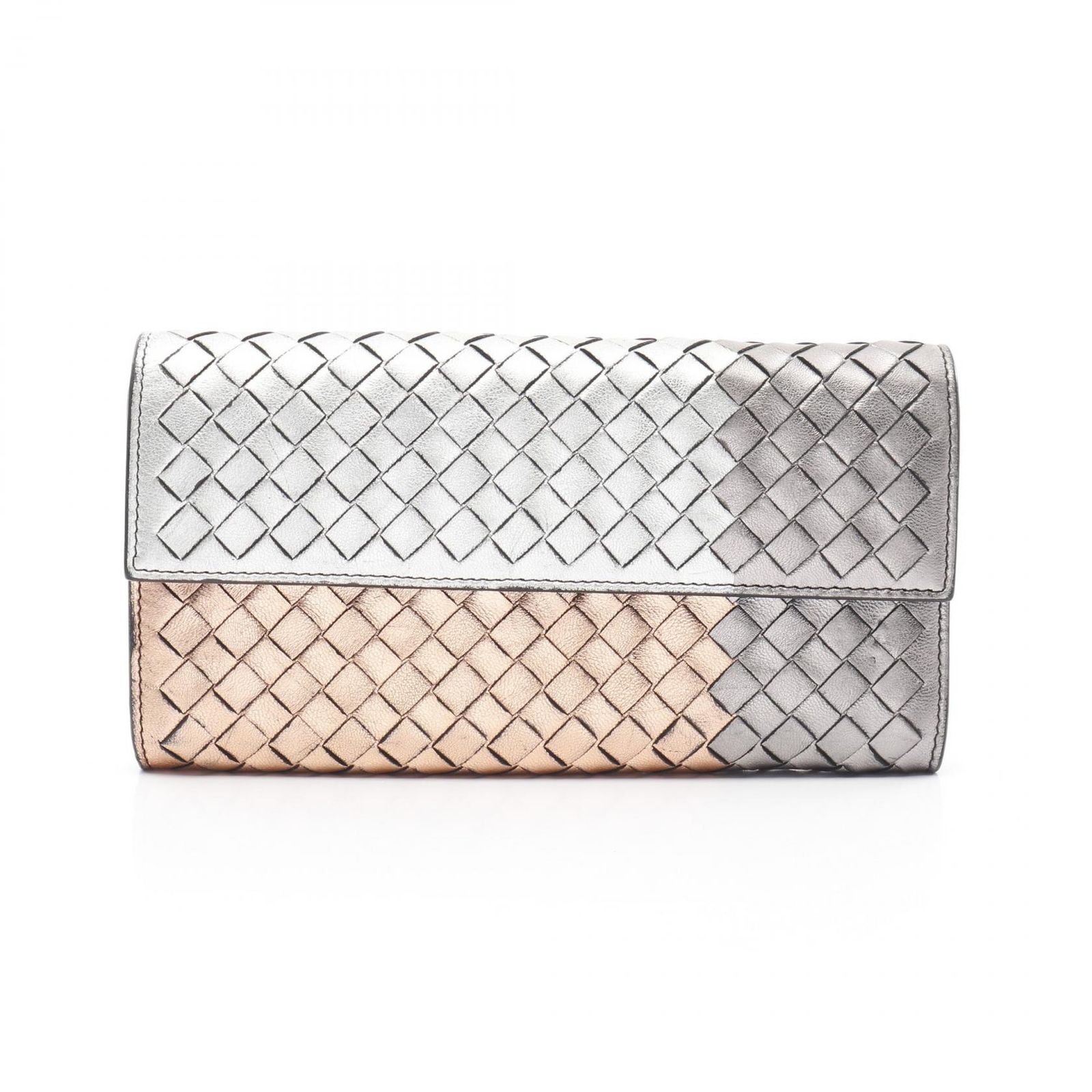 ボッテガヴェネタ BOTTEGA VENETA 二つ折り長財布 イントレチャート シルバー|ピンクゴールド レザー イントレチャート ZIP長財布 レディース Used B