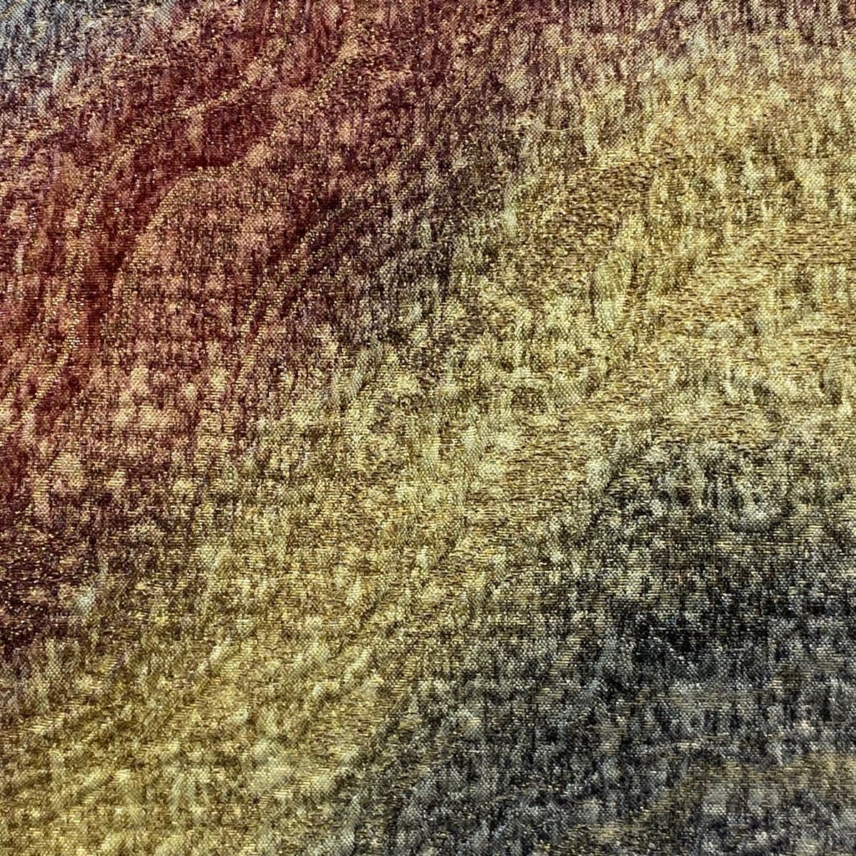 袋帯 秀品 幾何学模様 箔 灰緑 全通 正絹