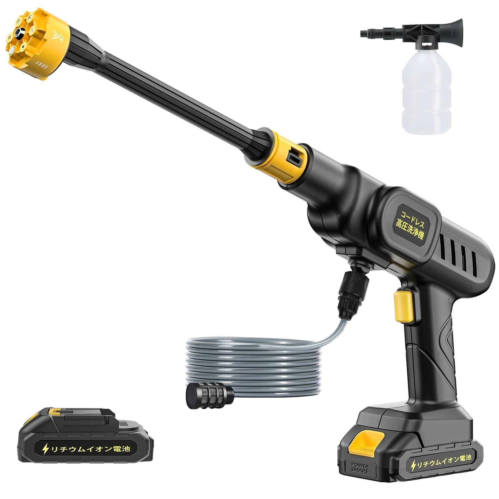 大 射水量6L|min 噴射距離8M 2個バッテリー付き 強力噴射 自吸式 5mホース ポータブル高圧洗浄機 多機能 充電式 6in1ノズル フォームノズル付 収納ケース 持ち運び便利 コードレス ハンディウォッシャー 洗車 庭 窓 高圧洗浄機 階段