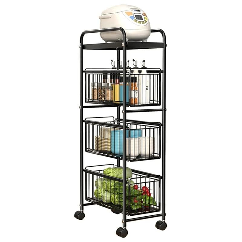 Vinteky 隙間収納 キッチン すき間収納 引出し 幅25cm キャスター付 キッチン隙間収納 おしゃれ キッチン スリム 省スペース キッチンラック スリム 収納ストッカー キッチン収納 台所 北欧 シンプル ブラック すき間キッチン収納 4段 幅 0