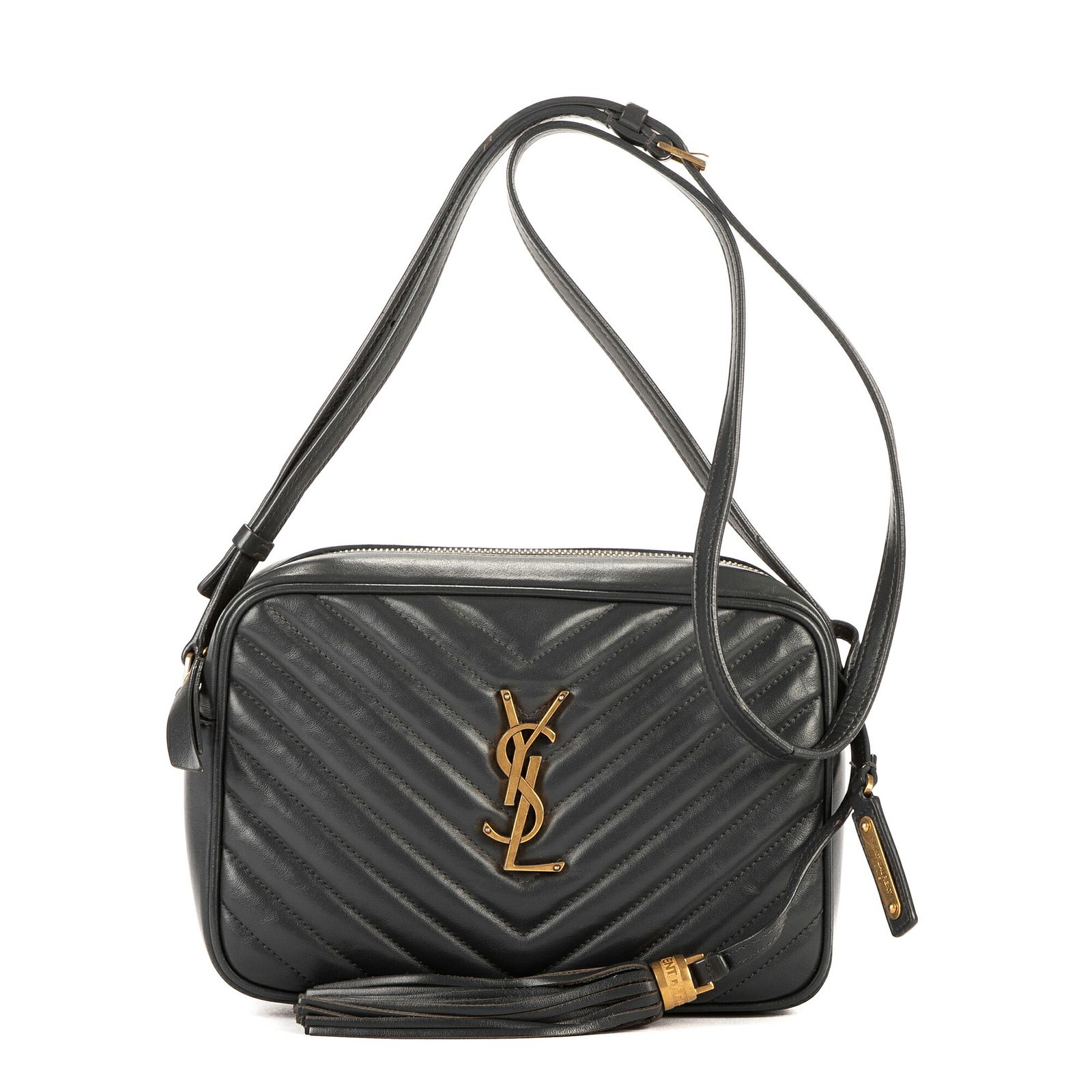 YVES SAINT LAURENT イヴサンローランルーカメラダークグレーシェブロン マトラッセ カーフスキン レザーA