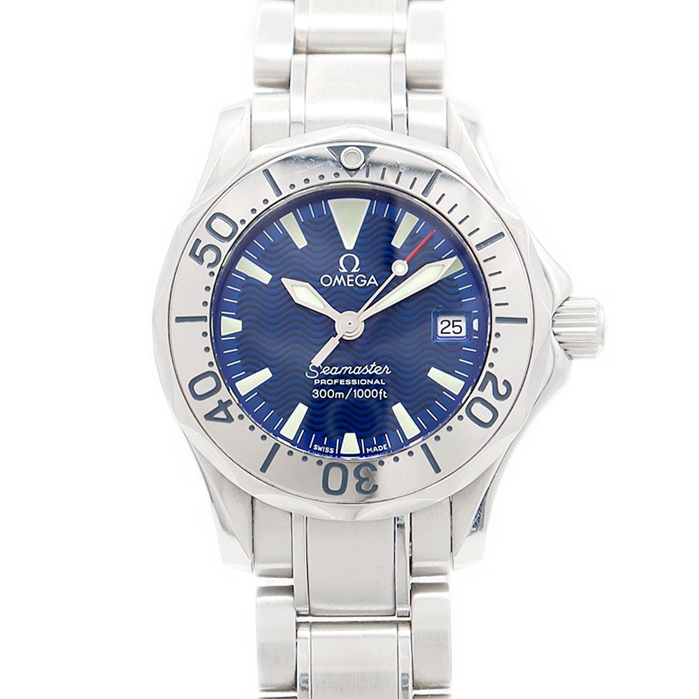 電池交換済 OMEGA オメガ シーマスター 300 2285.80 デイト 300m防水 青 ブルー ギョーシェ SS ステンレス レディース クォーツ【6ヶ月保証】【腕時計】【中古】 電池交換済 OMEGA オメガ シーマスター 300 2285.80 デイト 300m防水